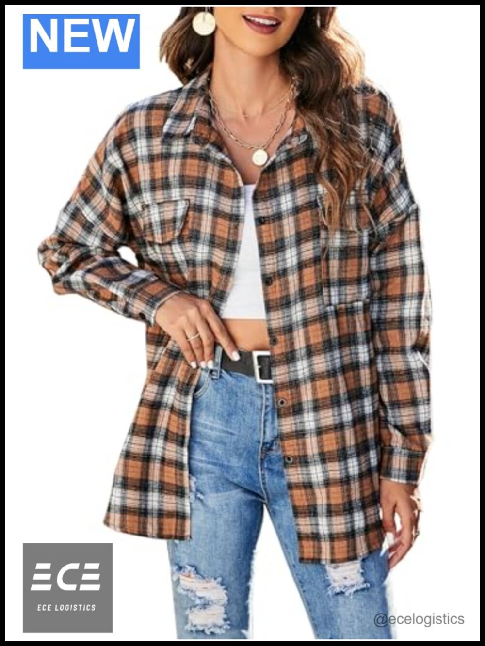 Womens Plaid Flannel Shacket Button Down Oversized Shirt Long Sleeve